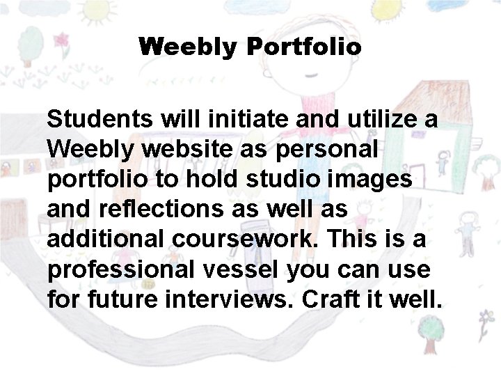 Weebly Portfolio Students will initiate and utilize a Weebly website as personal portfolio to