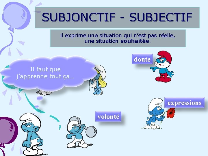 SUBJONCTIF - SUBJECTIF il exprime une situation qui n’est pas réelle, une situation souhaitée.