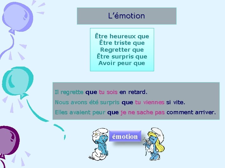 L’émotion Être heureux que Être triste que Regretter que Être surpris que Avoir peur