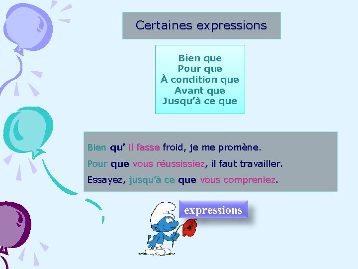 Certaines expressions Bien que Pour que À condition que Avant que Jusqu’à ce que