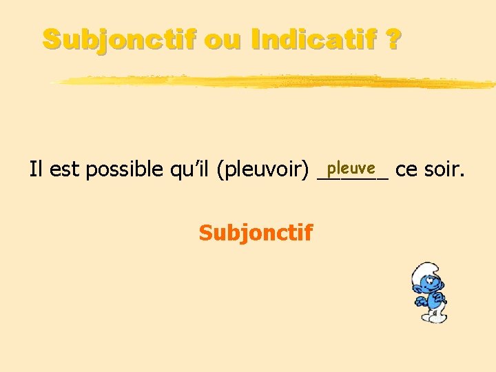 Subjonctif ou Indicatif ? pleuve ce soir. Il est possible qu’il (pleuvoir) ______ Subjonctif