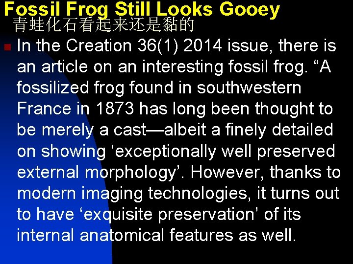 Fossil Frog Still Looks Gooey 青蛙化石看起来还是黏的 n In the Creation 36(1) 2014 issue, there