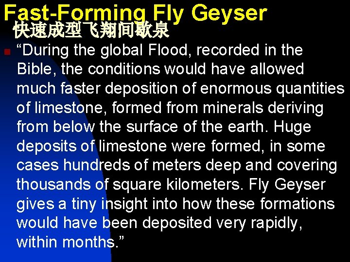 Fast-Forming Fly Geyser 快速成型飞翔间歇泉 n “During the global Flood, recorded in the Bible, the