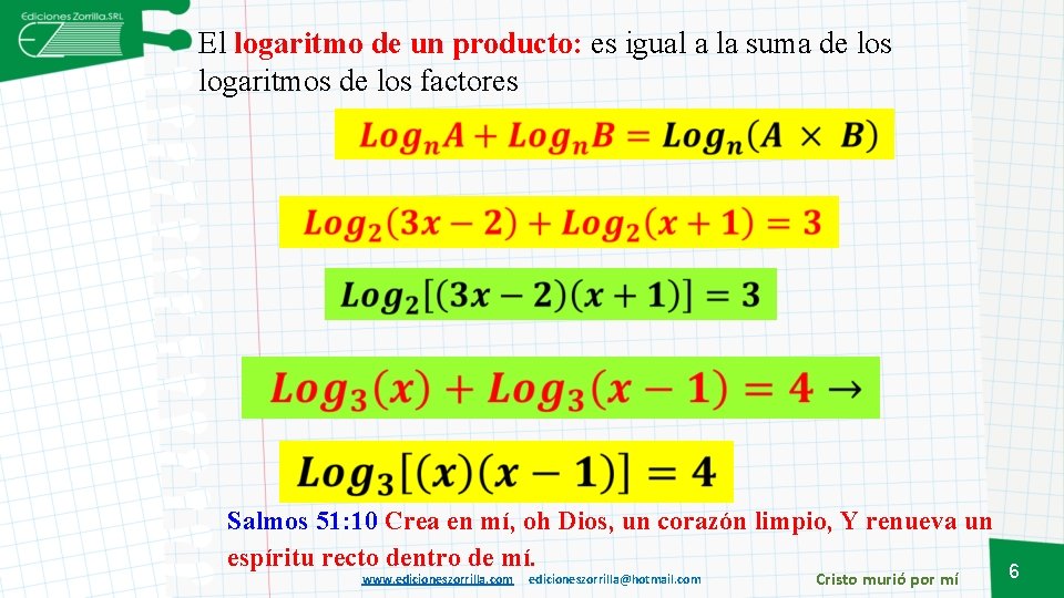 El logaritmo de un producto: es igual a la suma de los logaritmos de