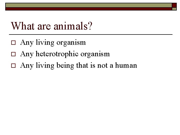 What are animals? o o o Any living organism Any heterotrophic organism Any living