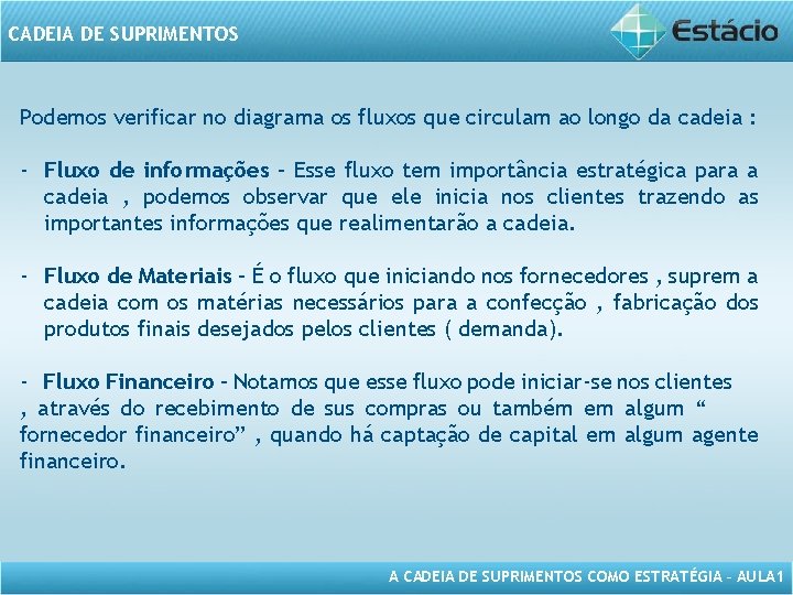 CADEIA DE SUPRIMENTOS Podemos verificar no diagrama os fluxos que circulam ao longo da