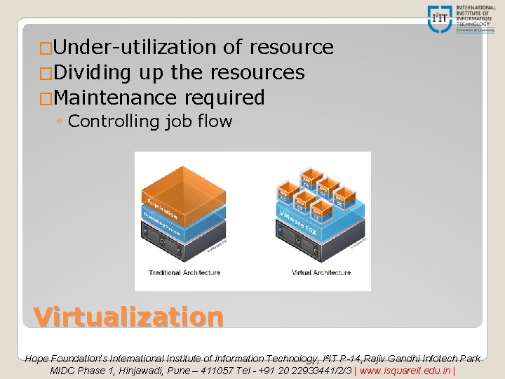 �Under-utilization of resource �Dividing up the resources �Maintenance required ◦ Controlling job flow Virtualization