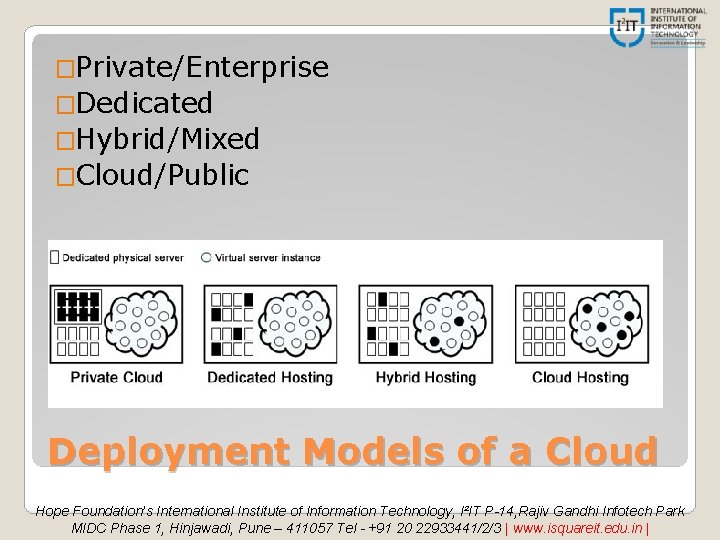 �Private/Enterprise �Dedicated �Hybrid/Mixed �Cloud/Public Deployment Models of a Cloud Hope Foundation’s International Institute of