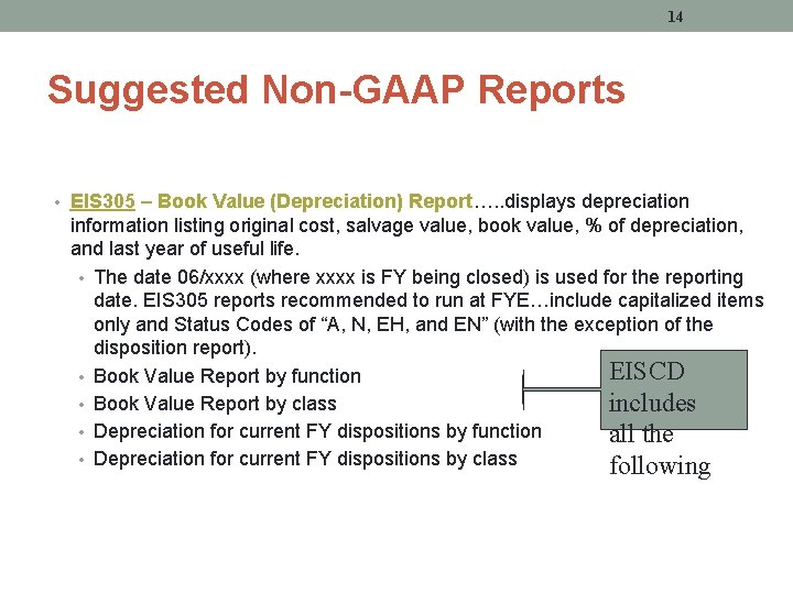 14 Suggested Non-GAAP Reports • EIS 305 – Book Value (Depreciation) Report…. . displays