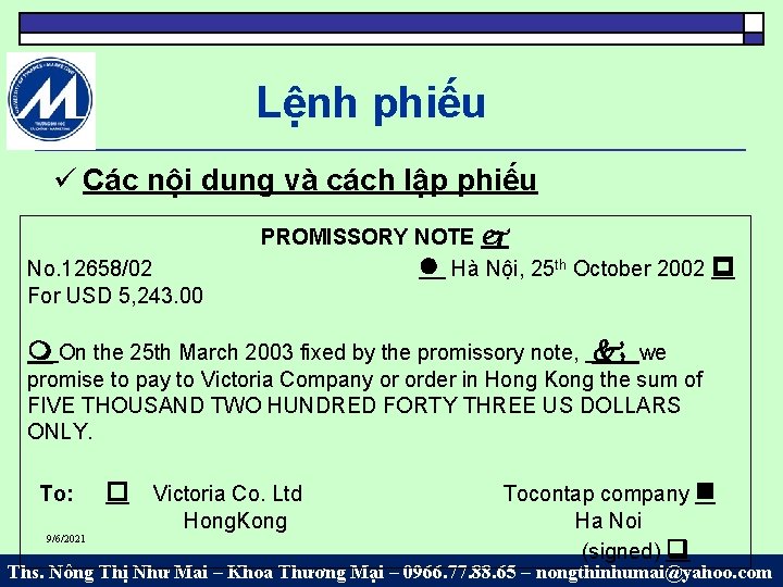 Lệnh phiếu Các nội dung và cách lập phiếu No. 12658/02 For USD 5,