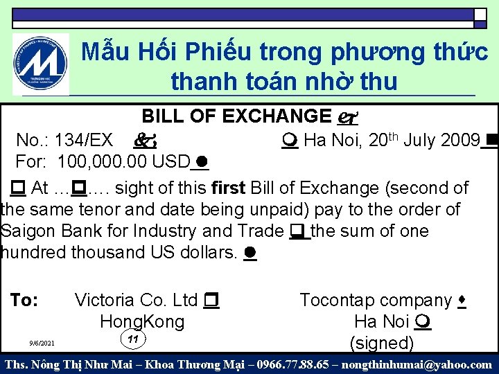 Mẫu Hối Phiếu trong phương thức thanh toán nhờ thu BILL OF EXCHANGE No.