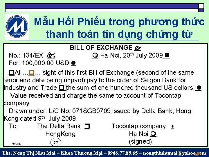 Mẫu Hối Phiếu trong phương thức thanh toán tín dụng chứng từ BILL OF