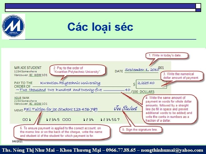 Các loại séc 9/6/2021 Ths. Nông Thị Như Mai – Khoa Thương Mại –