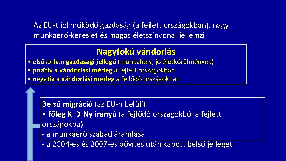 Az EU-t jól működő gazdaság (a fejlett országokban), nagy munkaerő-kereslet és magas életszínvonal jellemzi.