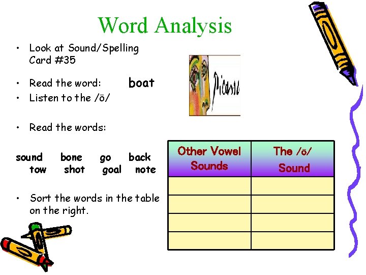 Word Analysis • Look at Sound/Spelling Card #35 • Read the word: • Listen