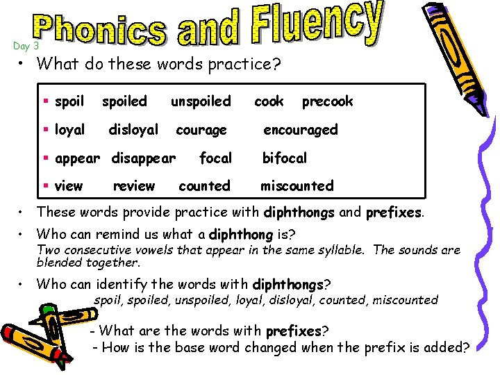 Day 3 • What do these words practice? § spoil § loyal spoiled unspoiled