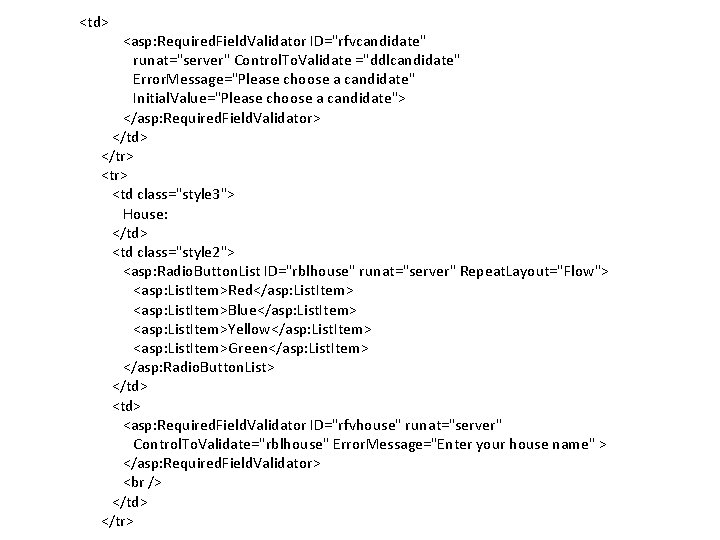 <td> <asp: Required. Field. Validator ID="rfvcandidate" runat="server" Control. To. Validate ="ddlcandidate" Error. Message="Please choose