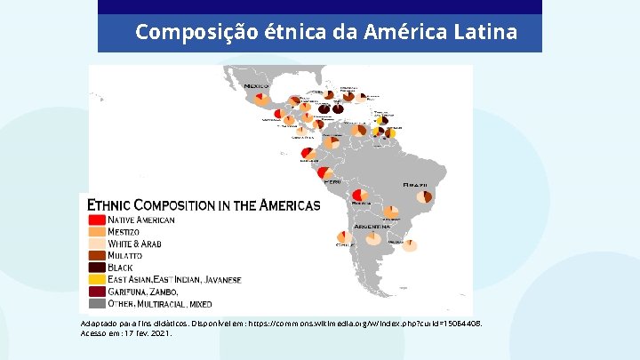 Composição étnica da América Latina Adaptado para fins didáticos. Disponível em: https: //commons. wikimedia.