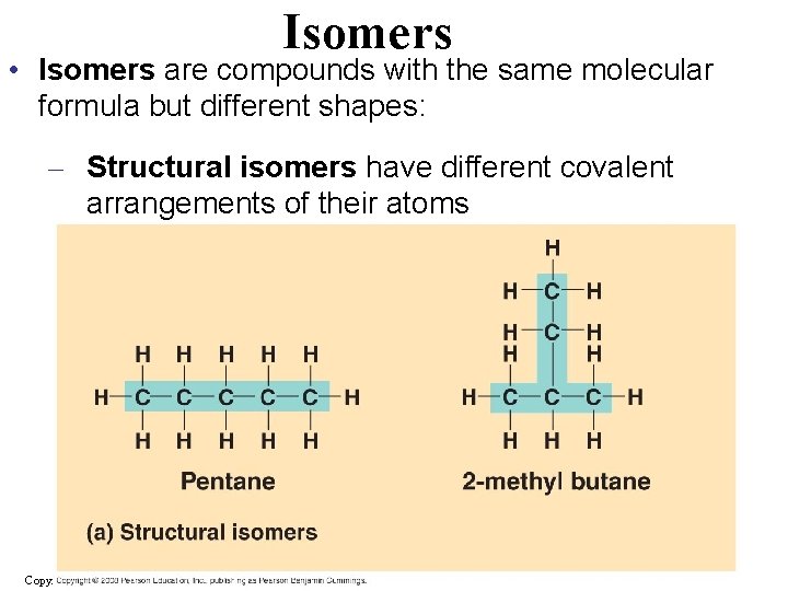 Isomers • Isomers are compounds with the same molecular formula but different shapes: –
