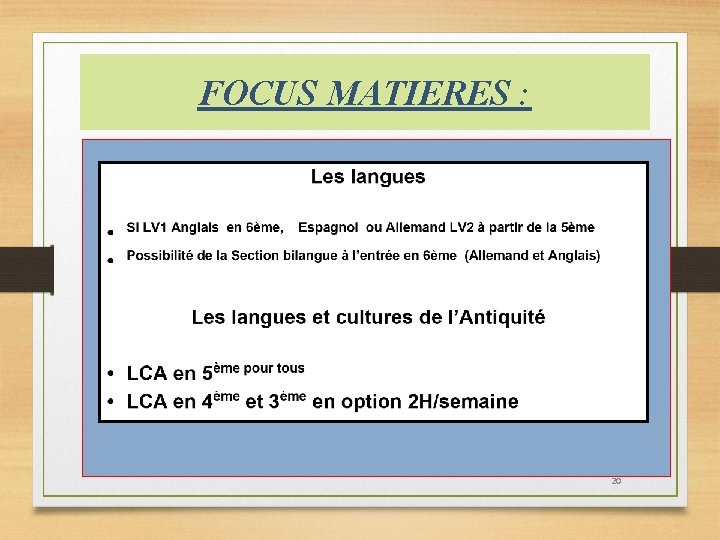 FOCUS MATIERES : 20 