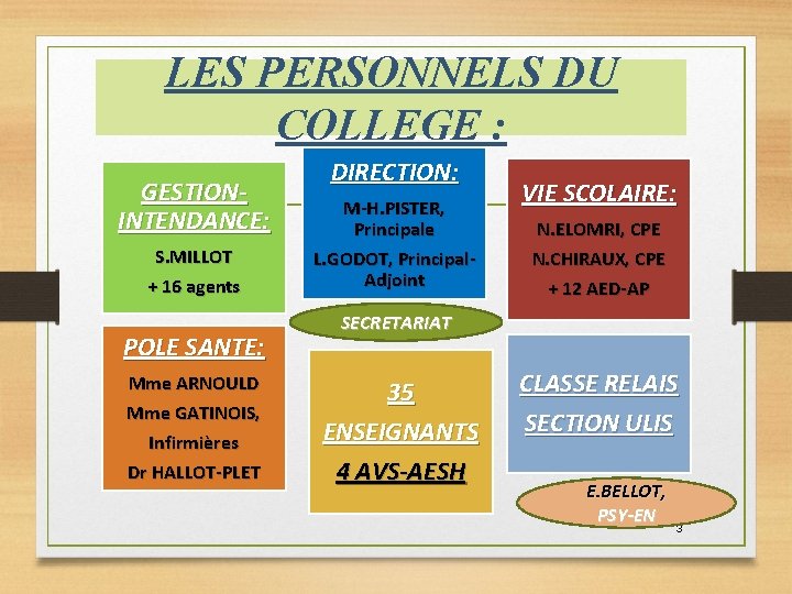 LES PERSONNELS DU COLLEGE : GESTIONINTENDANCE: S. MILLOT + 16 agents POLE SANTE: Mme