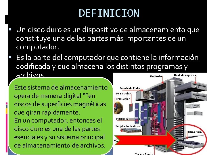 DEFINICION Un disco duro es un dispositivo de almacenamiento que constituye una de las