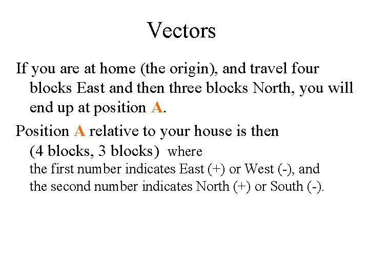 Vectors If you are at home (the origin), and travel four blocks East and