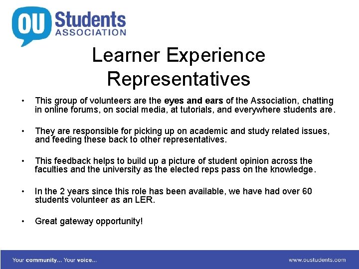 Learner Experience Representatives • This group of volunteers are the eyes and ears of