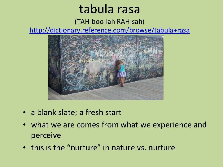 tabula rasa (TAH-boo-lah RAH-sah) http: //dictionary. reference. com/browse/tabula+rasa • a blank slate; a fresh