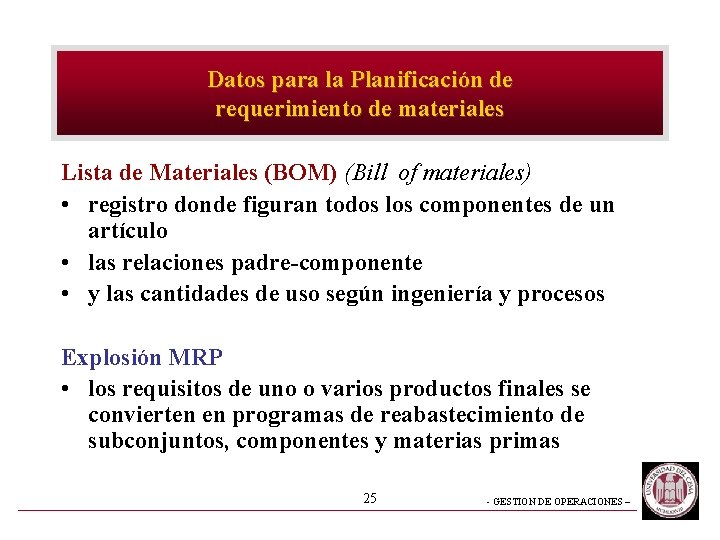Datos para la Planificación de requerimiento de materiales Lista de Materiales (BOM) (Bill of