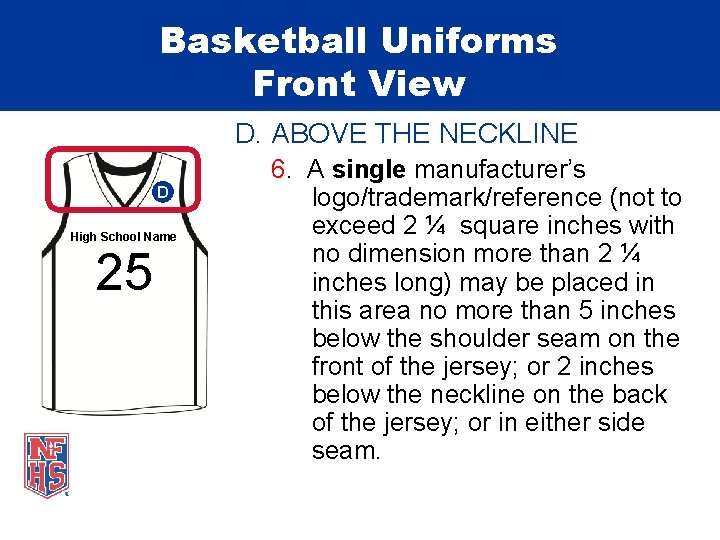 Basketball Uniforms Front View D. ABOVE THE NECKLINE D High School Name 25 6.