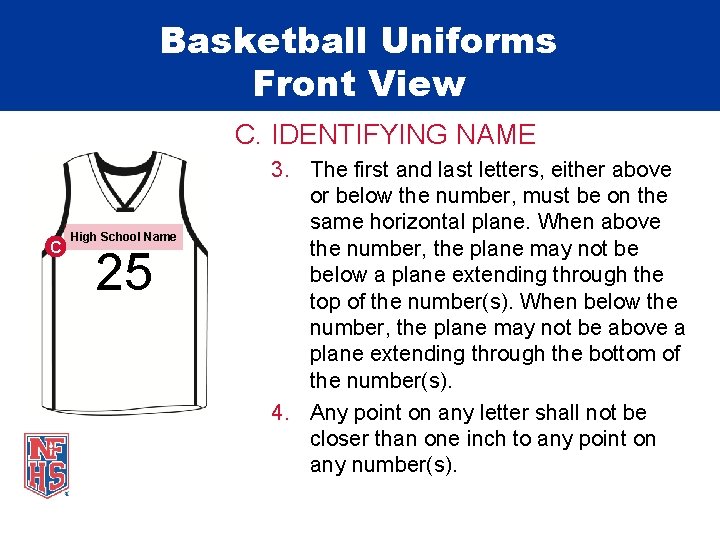 Basketball Uniforms Front View C. IDENTIFYING NAME C High School Name 25 3. The