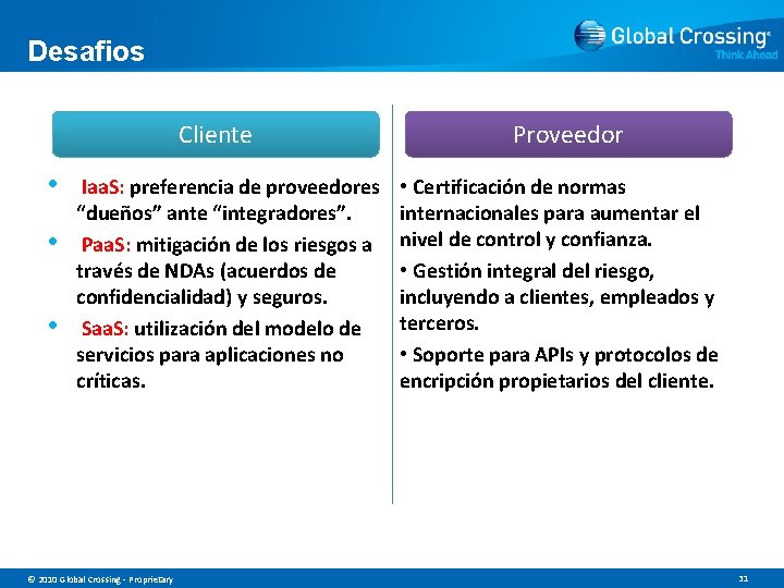 Desafios Cliente • • • Iaa. S: preferencia de proveedores “dueños” ante “integradores”. Paa.