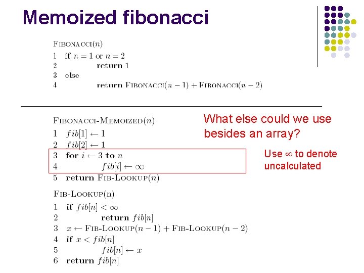 Memoized fibonacci What else could we use besides an array? Use to denote uncalculated