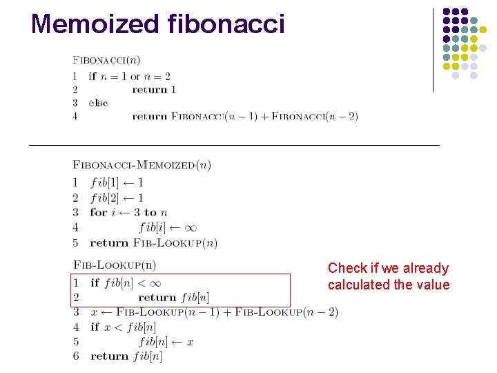 Memoized fibonacci Check if we already calculated the value 