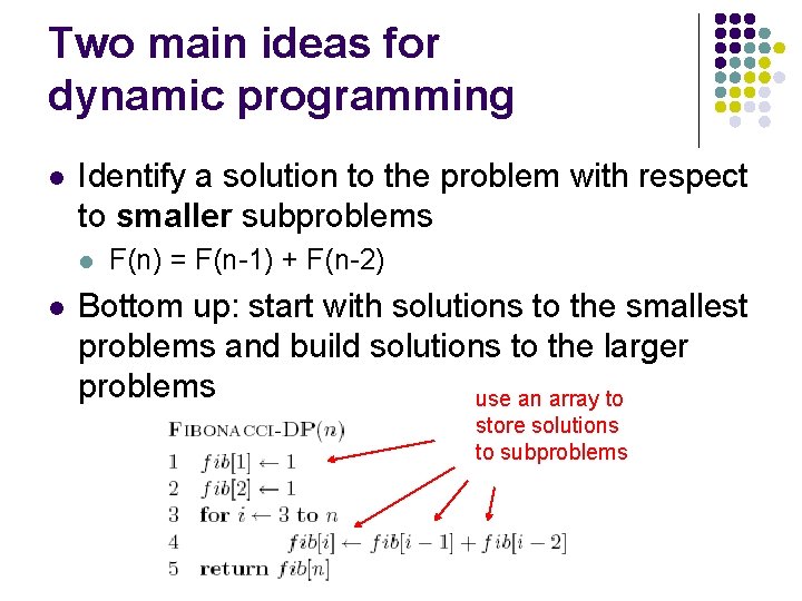 Two main ideas for dynamic programming l Identify a solution to the problem with