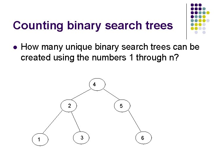 Counting binary search trees l How many unique binary search trees can be created