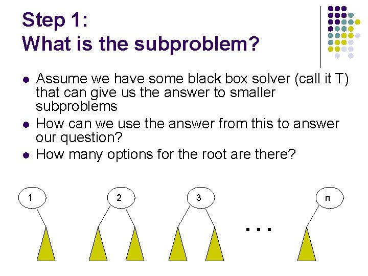 Step 1: What is the subproblem? l l l 1 Assume we have some