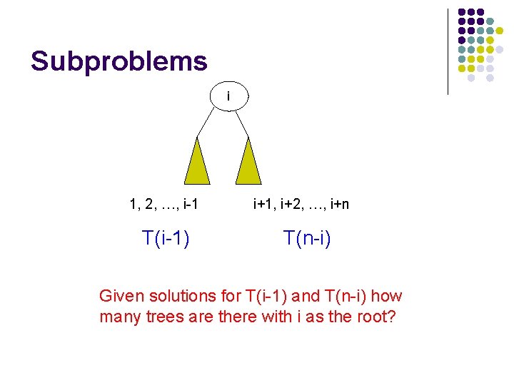 Subproblems i 1, 2, …, i-1 T(i-1) i+1, i+2, …, i+n T(n-i) Given solutions