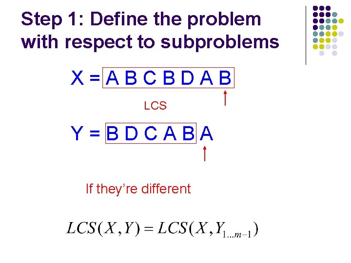 Step 1: Define the problem with respect to subproblems X=ABCBDAB LCS Y=BDCABA If they’re