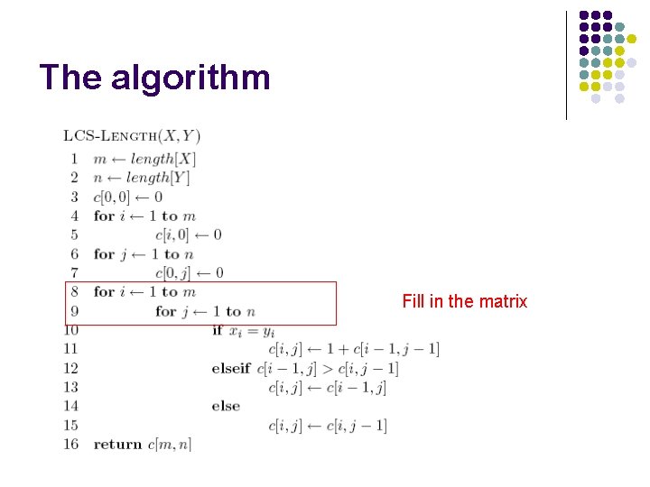 The algorithm Fill in the matrix 