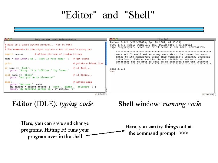 "Editor" and "Shell" Editor (IDLE): typing code Here, you can save and change programs.