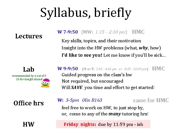 Syllabus, briefly Lectures Lab recommended by 4 out of 5 CS-for-Insight alums! Office hrs