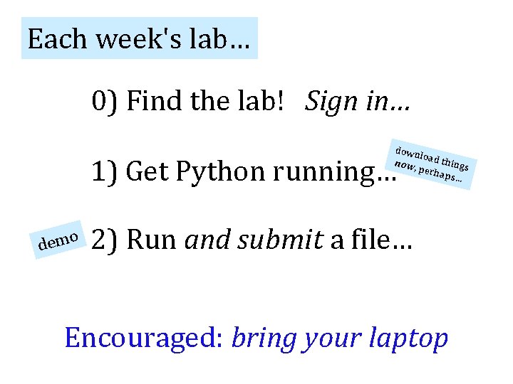 Each week's lab… 0) Find the lab! Sign in… down lo now, ad things