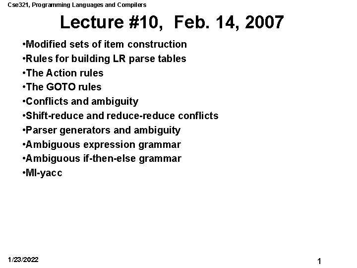 Cse 321, Programming Languages and Compilers Lecture #10, Feb. 14, 2007 • Modified sets