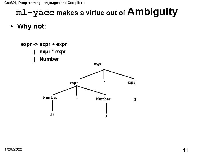 Cse 321, Programming Languages and Compilers ml-yacc makes a virtue out of Ambiguity •