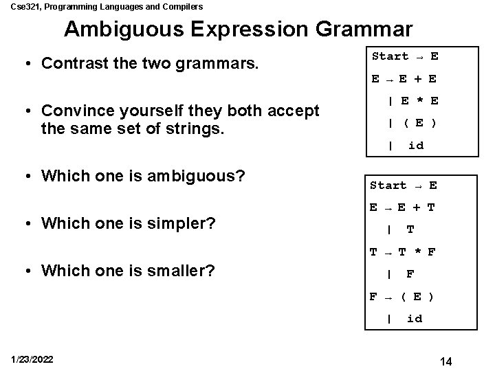 Cse 321, Programming Languages and Compilers Ambiguous Expression Grammar • Contrast the two grammars.