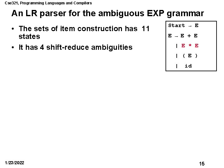 Cse 321, Programming Languages and Compilers An LR parser for the ambiguous EXP grammar