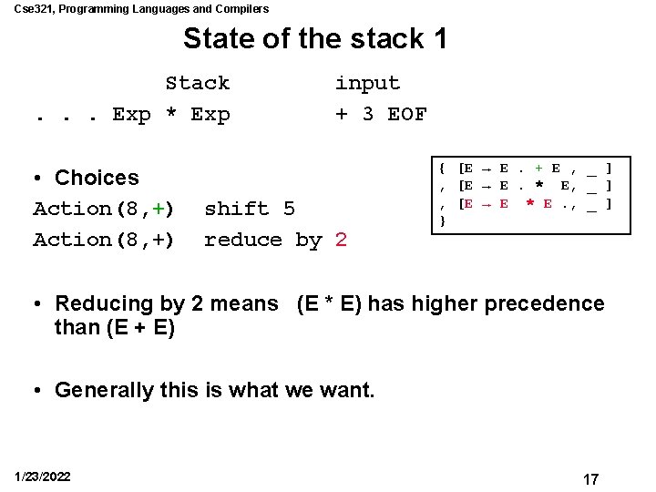 Cse 321, Programming Languages and Compilers State of the stack 1 Stack. . .
