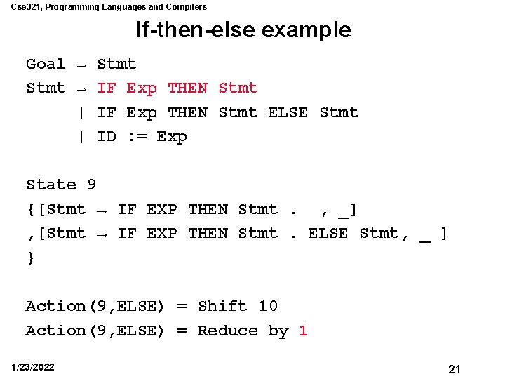 Cse 321, Programming Languages and Compilers If-then-else example Goal → Stmt → IF Exp